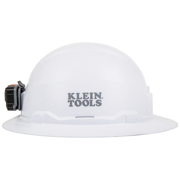 Klein Tools 60406RL Hard Hat, Rechargeable Headlamp, Non-vented, Full Brim Style, Padded Self-Wicking Odor-Resistant Sweatband, Tested up to 20kV, White