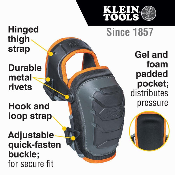 Klein Tools 60491 Hinged Knee Pads, Heavy Duty Gel Foam Protective Knee Pads with Quick-Fasten Buckle and Thigh Strap, Black