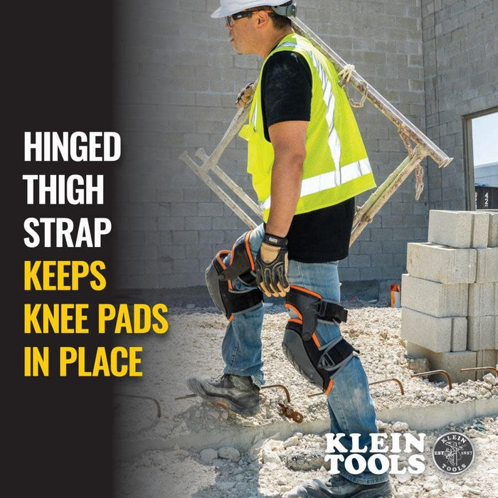 Klein Tools 60491 Hinged Knee Pads, Heavy Duty Gel Foam Protective Knee Pads with Quick-Fasten Buckle and Thigh Strap, Black