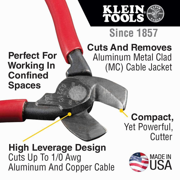 Klein Tools 63215 Cable Cutter, Made in USA, High-Leverage 6.5-Inch Compact, Forged From US Made Steel, Ideal for Cutting Aluminum and Copper Cable