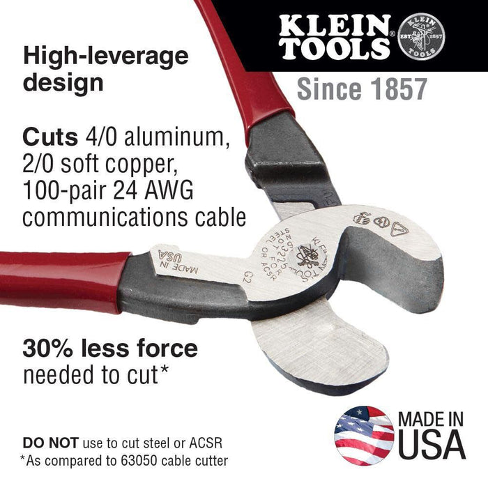 Klein Tools 63225 Cable Cutter, 9-Inch High Leverage Cutter for Aluminum, Copper and Communication Cable