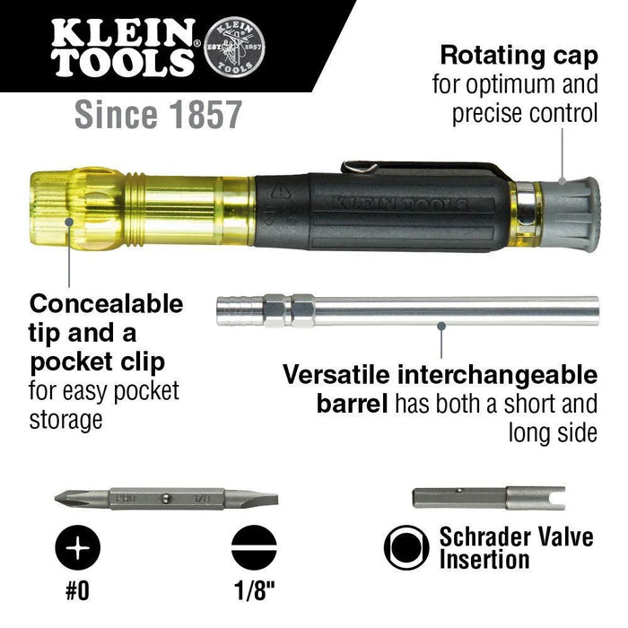 Klein Tools 32613 Multi-Bit Screwdriver, Precision HVAC 3-in-1 Pocket Screwdriver with Phillips, Slotted and Schrader Bits