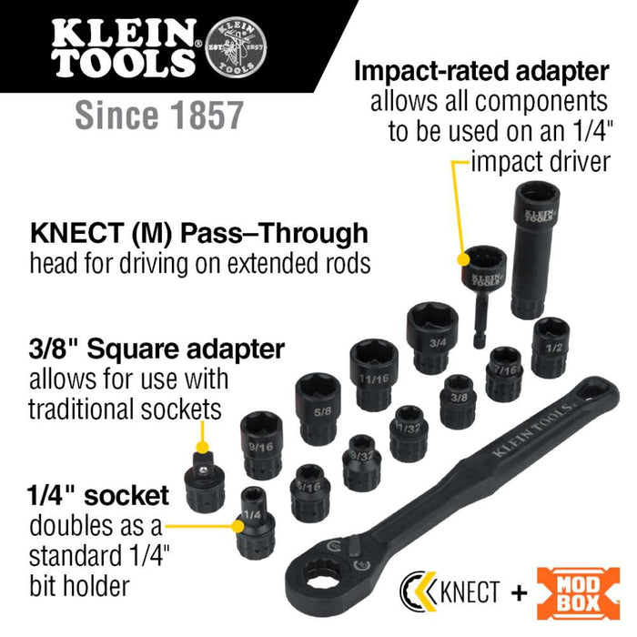 Klein Tools 65400 KNECT 15-Piece Pass Through Socket Set, SAE Impact Socket Set with MODbox Case, Sockets, Bits, Accessories and 3/8-Inch Drive Adapter