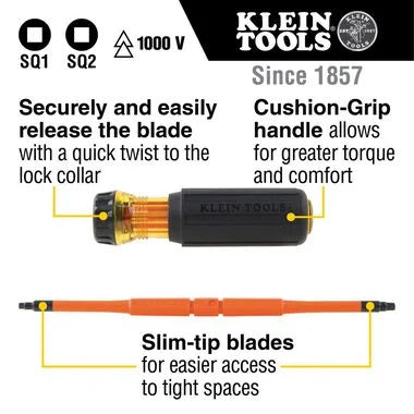 Klein Tools 32287 Insulated Screwdriver, 2-in-1 Screwdriver Set with Flip Blade, #1 and #2 Square Tips, Double-Ended Blades