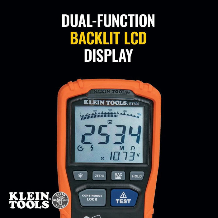 Klein Tools ET600 Multimeter, Megohmmeter Insulation Tester, 4000 Ohms Resistance, 125V/250V/500V/1000V, Auto-Ranging TRMS Multimeter