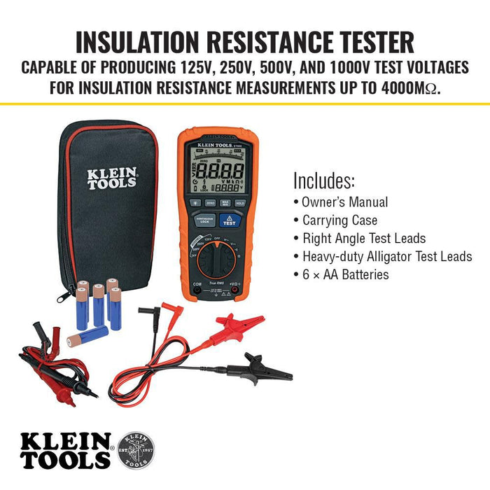 Klein Tools ET600 Multimeter, Megohmmeter Insulation Tester, 4000 Ohms Resistance, 125V/250V/500V/1000V, Auto-Ranging TRMS Multimeter