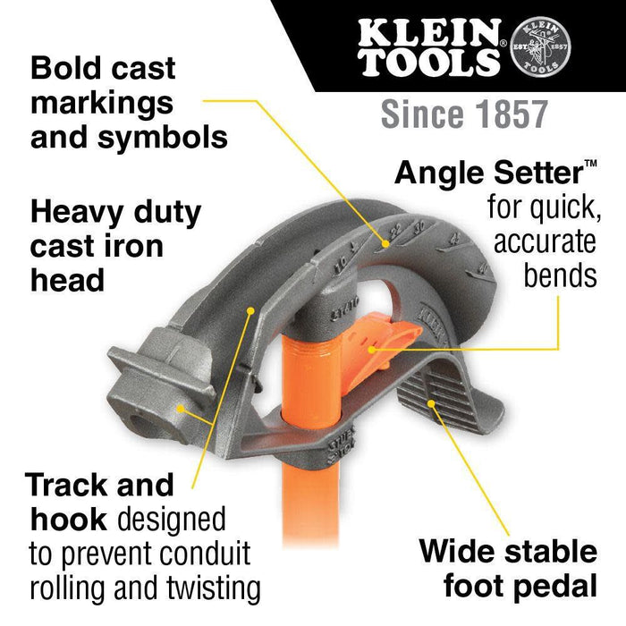 Klein Tools 51605 Iron Conduit Bender Full Assembly, 1-Inch EMT and 3/4-Inch Rigid, Wide Foot Pedal, Benchmark Symbols and Angle Setter