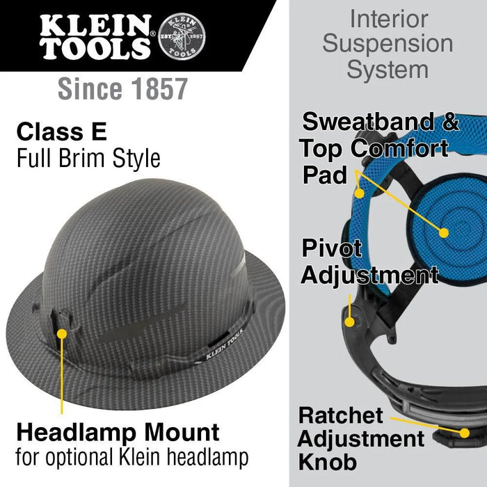 Klein Tools 60345 Hard Hat, Non-Vented Full Brim, Premium KARBN Pattern, Class E, Tested up to 20kV, Padded Sweat-Wicking Sweatband, Top Pad