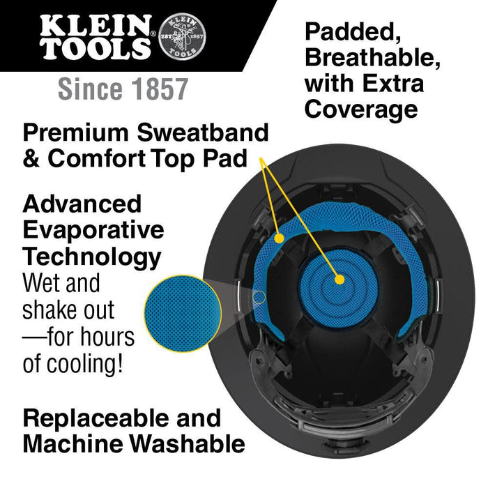 Klein Tools 60345 Hard Hat, Non-Vented Full Brim, Premium KARBN Pattern, Class E, Tested up to 20kV, Padded Sweat-Wicking Sweatband, Top Pad