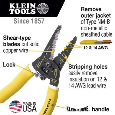 Klein Tools K1412 Wire Cutter / Wire Stripper, Made in USA, Dual NM Cable Stripper / Cutter Cuts Solid Copper Wire, Strips 12 and 14 AWG Solid Wire