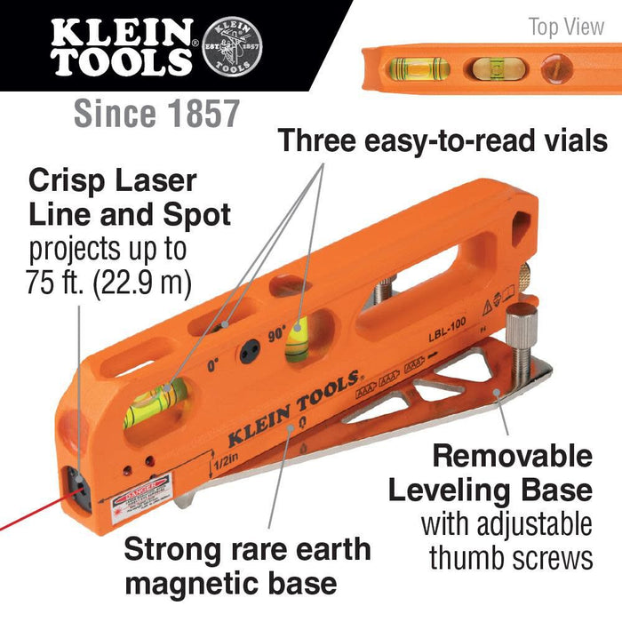 Klein Tools LBL100 Laser Level with Level Bubble Vials, Magnetic, 3-Vial with Leveling Base (Discontinued)