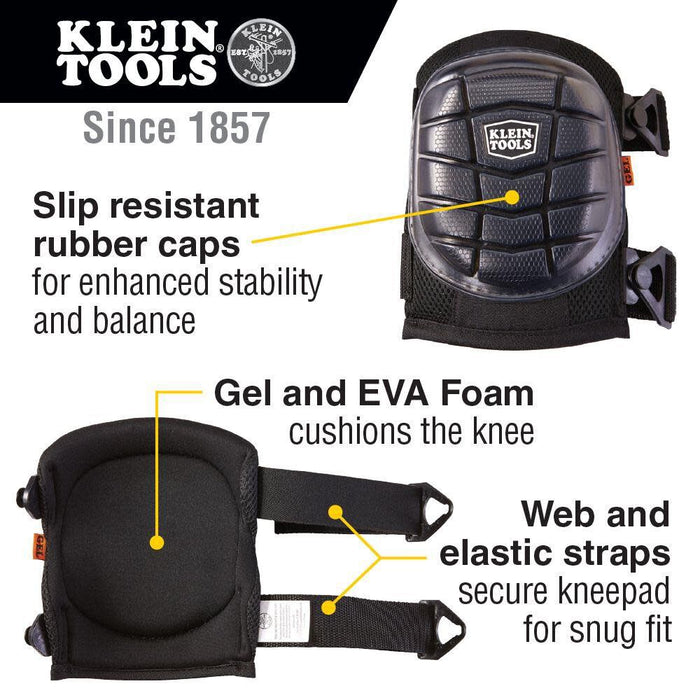 Klein Tools 60184 Knee Pads, Lightweight Gel Knee Pads with Slip Resistant Rubber Caps and Adjustable Straps, Great for Construction, Black