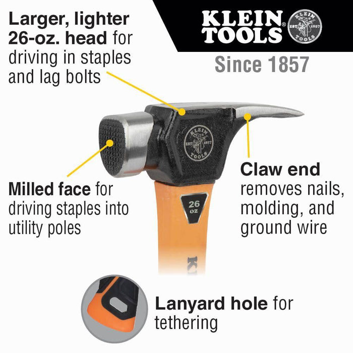 Klein Tools 832-26 Lineman's 26-Ounce Claw Milled Hammer, Fiberglass Handle, Heavy Duty for Utility Poles, Milled Face, High Visibility Orange