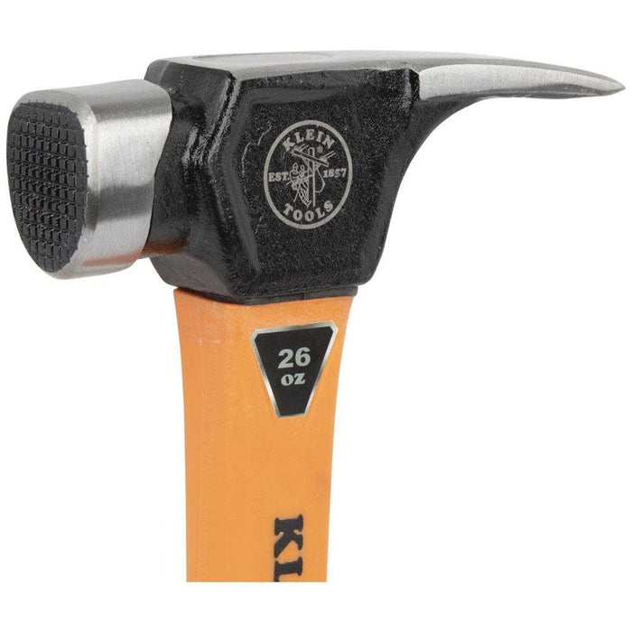 Klein Tools 832-26 Lineman's 26-Ounce Claw Milled Hammer, Fiberglass Handle, Heavy Duty for Utility Poles, Milled Face, High Visibility Orange