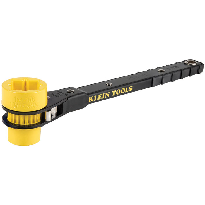 Klein Tools KT151T Lineman's Ratcheting Wrench with Bolt-Through Design, 3/4-Inch, 13/16-Inch, 1-Inch x 1-1/8-Inch Combination Square Socket