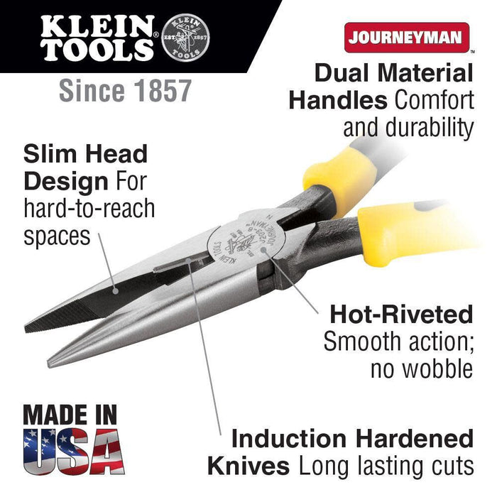 Klein Tools J203-8 8-Inch Needle Nose Pliers, Heavy Duty Cutting, Extended Handles, High Leverage, Induction Hardened with Hot-Riveted Joint