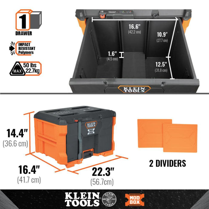 Klein Tools 54821MB MODbox 1-Drawer Toolbox, Modular Tool Storage System, Heavy-Duty Ball Bearing Slides, 2 Dividers, 50-Pound Capacity