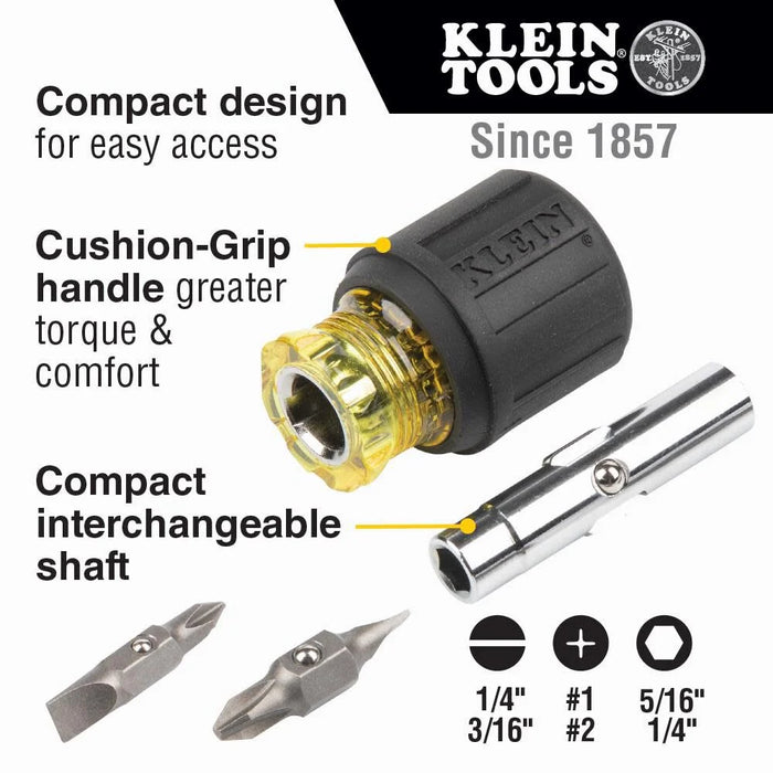 Klein Tools 32561 Multi-Bit Screwdriver / Nut Driver, 6-in-1 Stubby Screwdriver with 2 Phillips, 2 Slotted Bits, 2 Nut Drivers