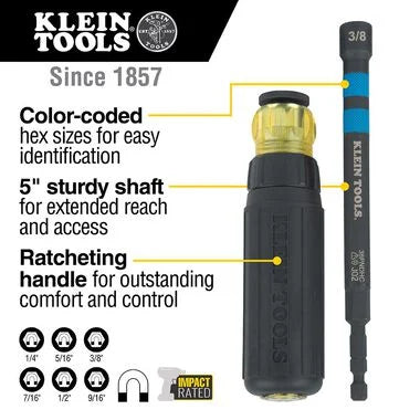 Klein Tools 32950 Hollow Magnetic Color-Coded Ratcheting Power Nut Drivers, 7-Piece