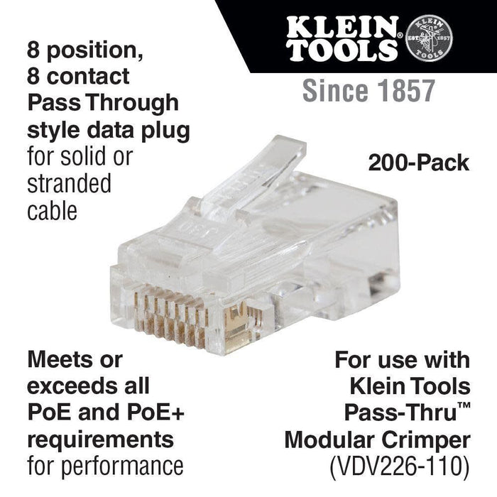 Klein Tools VDV826-763 Pass-Thru Modular Data Plug, RJ45 CAT6, Gold Plated, Pass Through Connectors 200-Pack