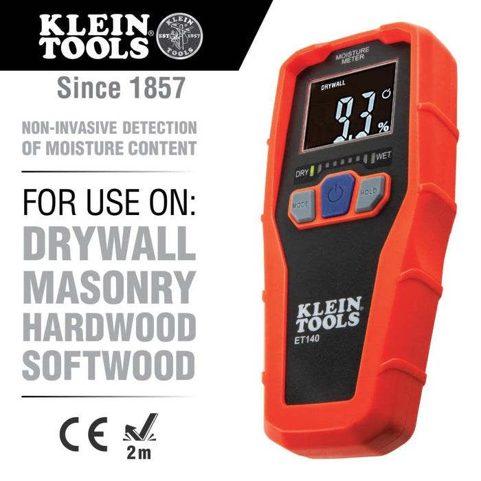 Klein Tools ET140 Pinless Moisture Meter for Non-Destructive Moisture Detection in Drywall, Wood, and Masonry; Detects up to 3/4-Inch Below Surface