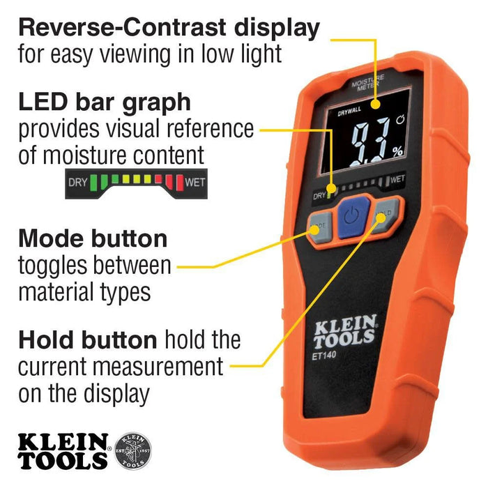 Klein Tools ET140 Pinless Moisture Meter for Non-Destructive Moisture Detection in Drywall, Wood, and Masonry; Detects up to 3/4-Inch Below Surface