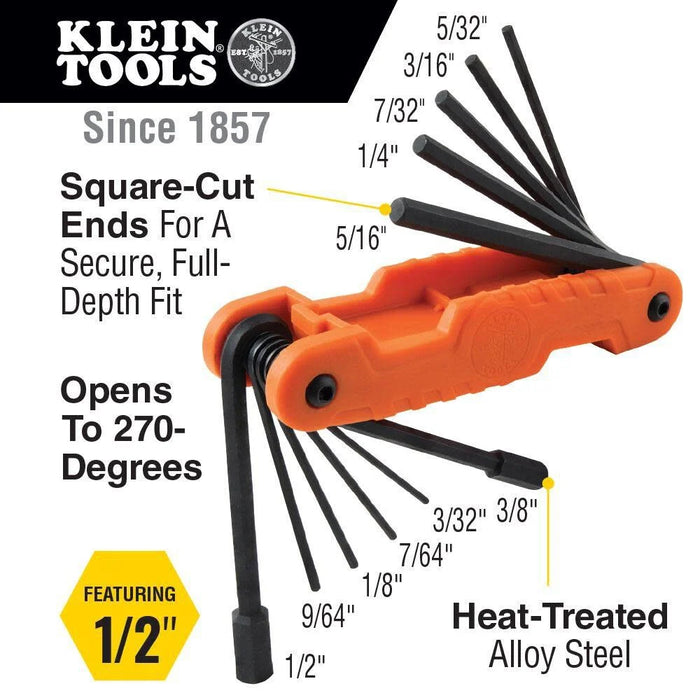 Klein Tools 70550 Hex Wrench Key Set, 11 SAE Sizes, Heavy Duty Folding Allen Wrench Tool with Extra Long Hex Keys