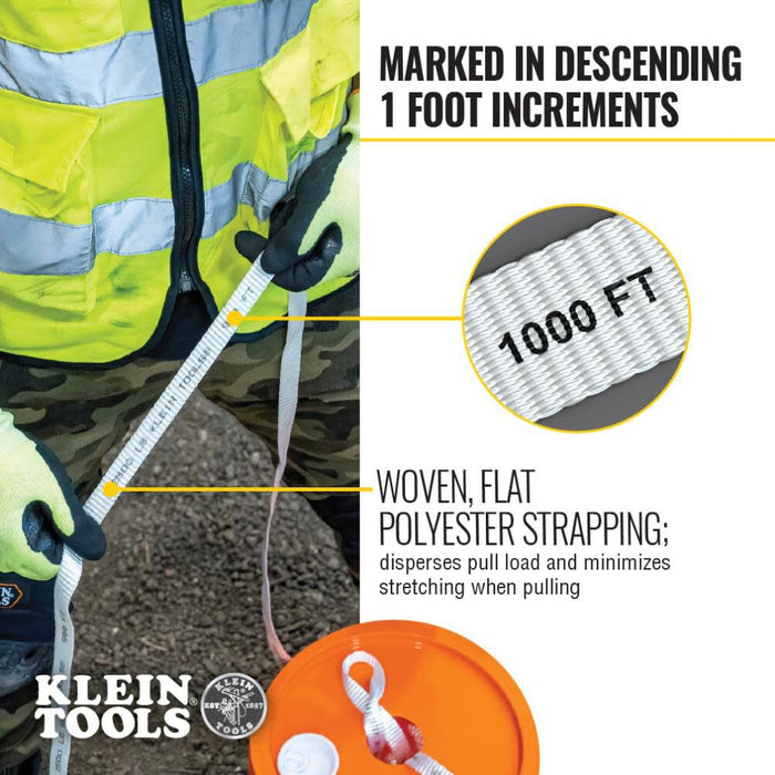 Klein Tools 50122 Conduit Measuring Pull Tape, Mule Tape for Heavy-Duty Cable and Wire Pulling, 1250-Pound x 2000-Foot Long