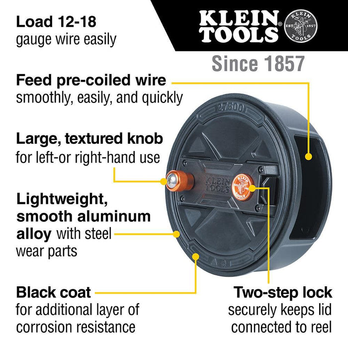 Klein Tools 27500 Tie Wire Reel, Quick Lock, Lightweight Aluminum, 12-18 Gauge Wire, Ambidextrous Rewind Knob