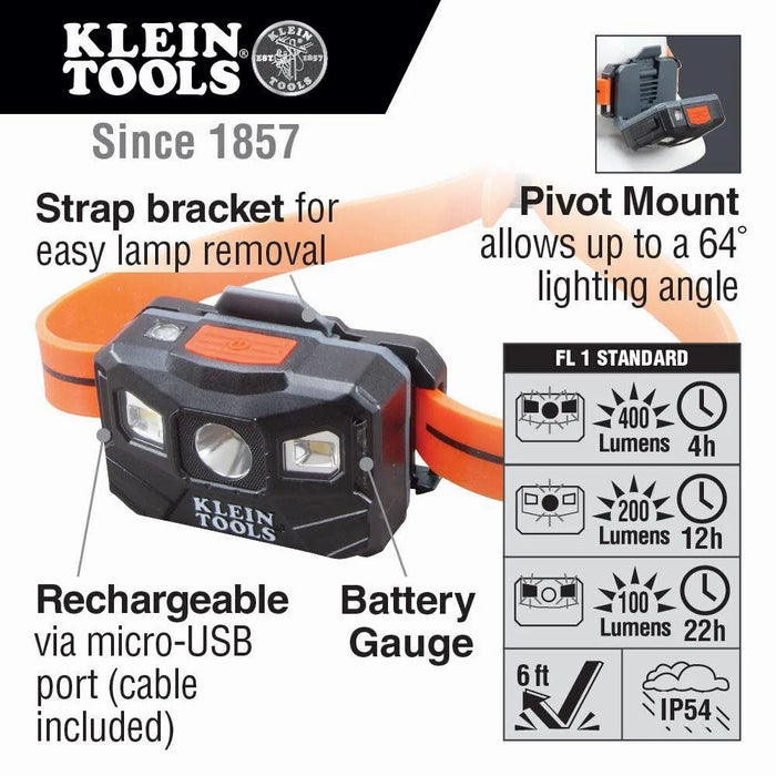 Klein Tools 56064 Rechargeable Auto-Off LED Headlamp, Silicone Strap, 400 lms, All-Day Runtime, for Work, Running, Outdoor Hiking, Camping