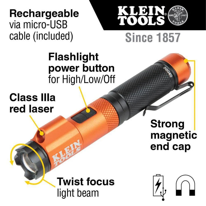 Klein Tools 56040 Magnetic LED Flashlight, 350 Lumen Rechargeable Flashlight, Twist Focus, Laser Pointer, Hands-Free, USB Charging Cable, for Work and Outdoor