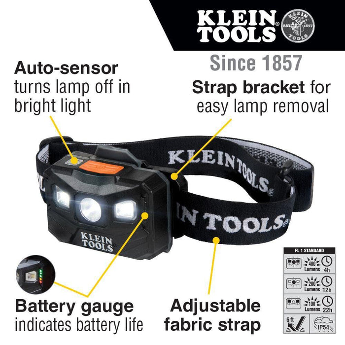 Klein Tools 56048 Rechargeable Auto-Off LED Headlamp, Adjustable Fabric Strap, 400 lms, All-Day Runtime, for Work, Running, Outdoor Hiking