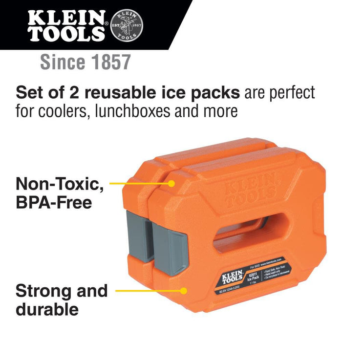 Klein Tools 62811 Reusable Ice Packs for Cooler Bags and Lunch Boxes, Interlocking Design, Heavy Duty for Daily Use, Quick Freeze, 2-Pack