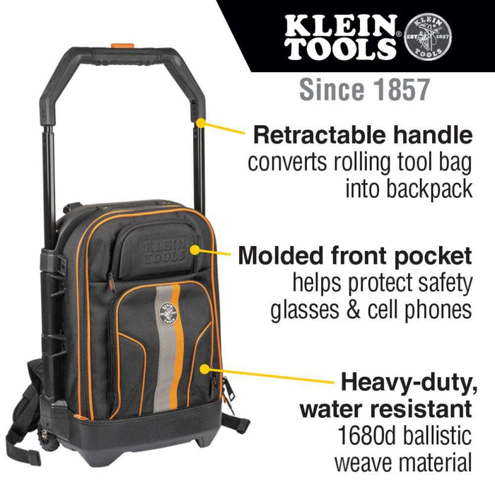 Klein Tools 55604 Rolling Tool Backpack, Tool Bag with 28 Pockets, Heavy Duty Retractable Handle, Large Tool Storage Interior, 3-Inch Wheels