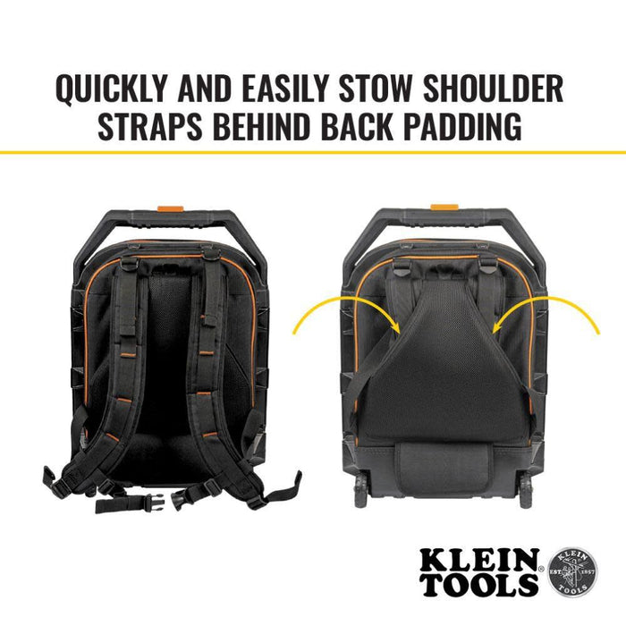 Klein Tools 55604 Rolling Tool Backpack, Tool Bag with 28 Pockets, Heavy Duty Retractable Handle, Large Tool Storage Interior, 3-Inch Wheels