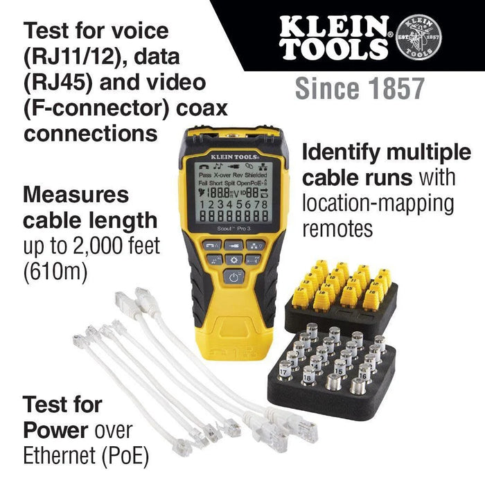 Klein Tools VDV501-852 Cable Tester with Remote, VDV Scout Pro 3 Test Kit Locates and Tests Voice, Data and Video Cables