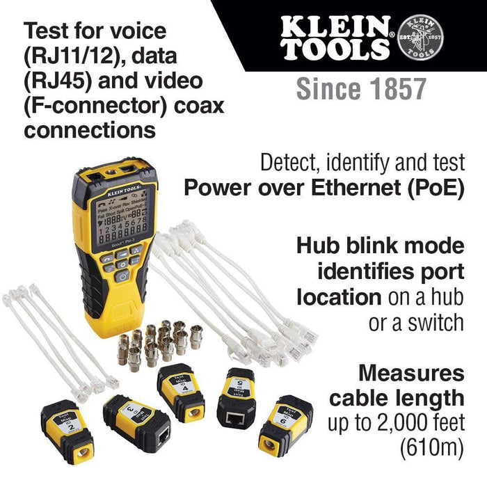 Klein Tools VDV501-853 Coaxial Cable Tester, Scout Pro 3 with Test-n-Map Remote, Includes Remotes #2 - #6, Tests Voice, Data and Video Cable