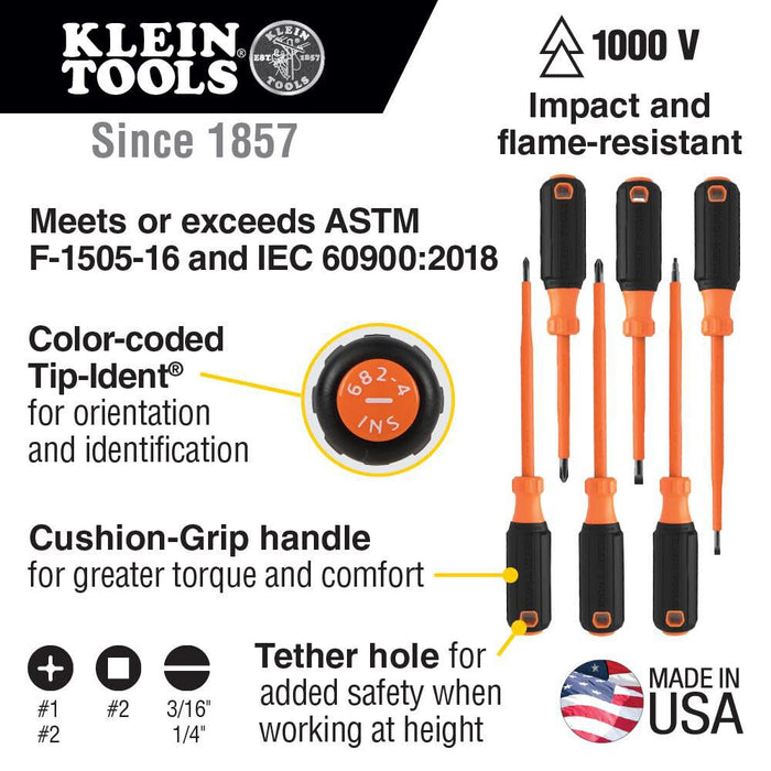 Klein Tools 85076INS Insulated Screwdriver Set features 1000V Screwdrivers, (3) Phillips and (2) Slotted and Square Tips, 6-Piece