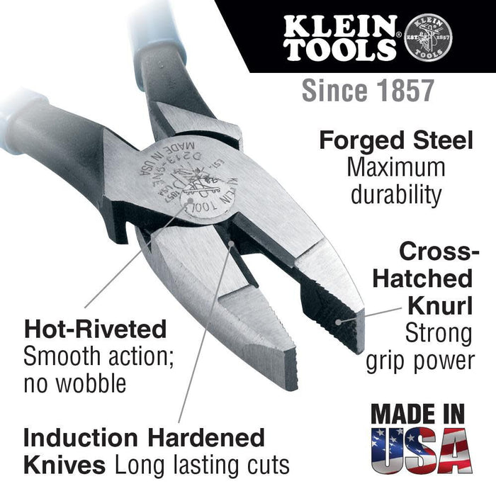 Klein Tools HD2000-9NE Side Cutter Linemans Pliers Cut ACSR, Made in USA, Screws, Nails, Hard Wire, 9-Inch Electrical Pliers