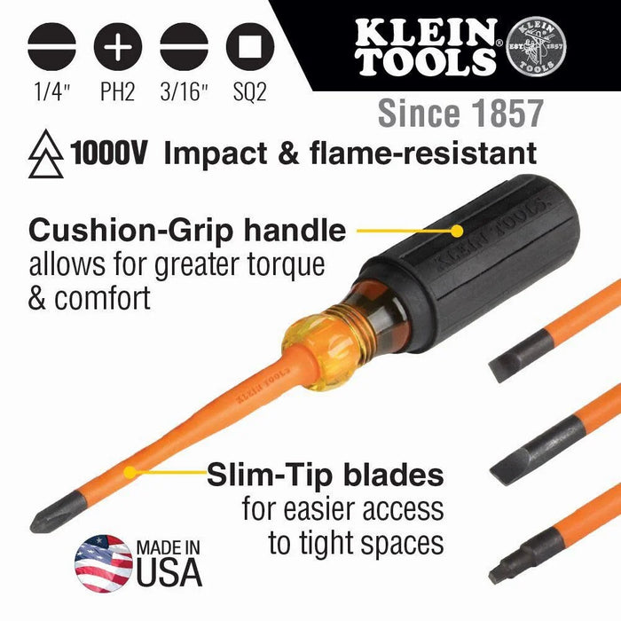 Klein Tools 33734INS 1000V Slim Tip Insulated Screwdriver Set, Phillips, Cabinet, Square Slim-Tip, Cushion Grip Handle, 4-Piece