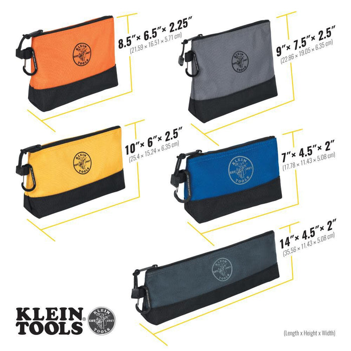 Klein Tools 55569 Stand-Up Zipper Bag Tool Pouch with Carabiners, Reinforced Gusseted Bottoms, Water Resistant 1680d, Multi-Size 5-Pack