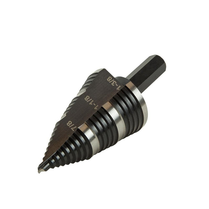 Klein Tools KTSB15 Step Drill Bit #15 Double Fluted 7/8 to 1-3/8-Inch with Easy-to-Read Step Markings and Targets, 3/8-Inch Hex Shank