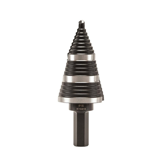 Klein Tools KTSB15 Step Drill Bit #15 Double Fluted 7/8 to 1-3/8-Inch with Easy-to-Read Step Markings and Targets, 3/8-Inch Hex Shank