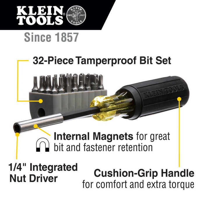 Klein Tools 32510 Magnetic Multibit Screwdriver with Sturdy Torx, Hex, Spanner, Tri-Wing, Torq and Nut Tamperproof Bits and Storage Block