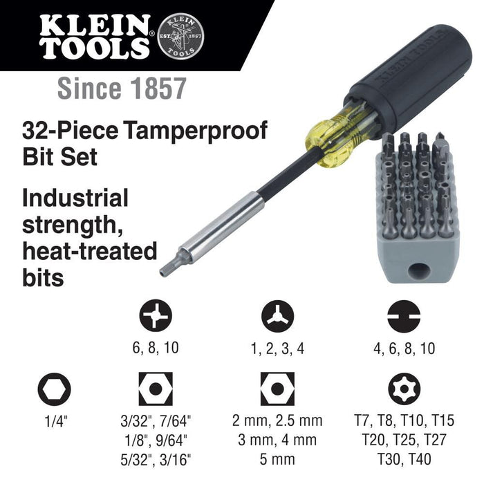 Klein Tools 32510 Magnetic Multibit Screwdriver with Sturdy Torx, Hex, Spanner, Tri-Wing, Torq and Nut Tamperproof Bits and Storage Block