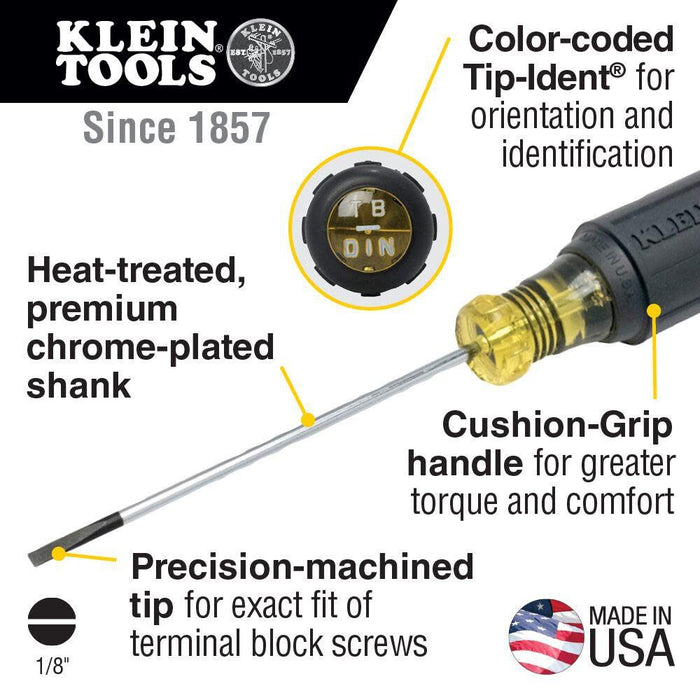 Klein Tools 612-4 Screwdriver, Flat Head Terminal Block Screwdriver, 1/8-Inch Cabinet Tip, 4-Inch Round Shank, TB-DIN (Pack of 2)