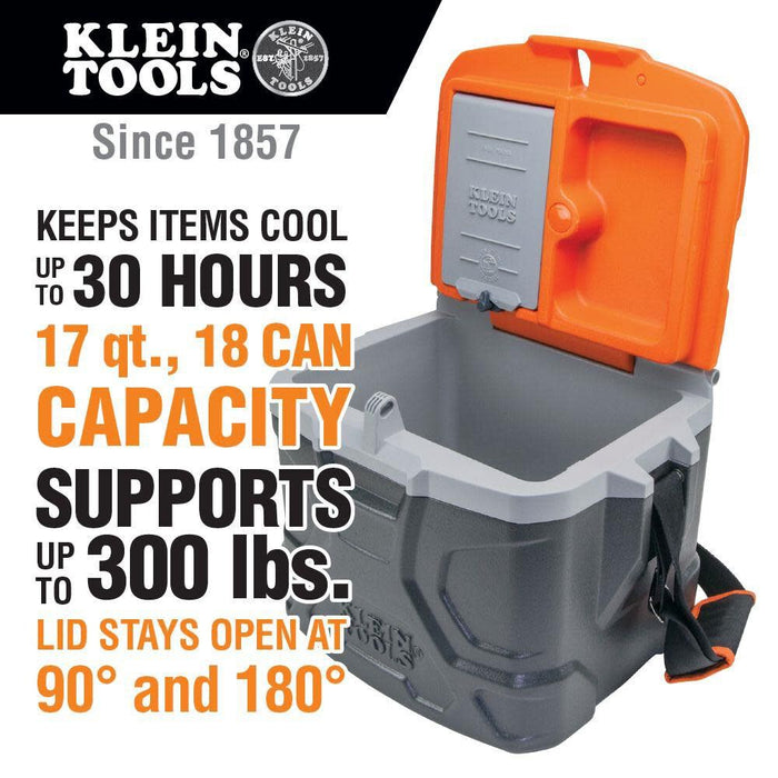 Klein Tools 55600 Work Cooler, 17-Quart Lunch Box Holds 18 Cans, Keeps Cool 30 Hours, Seats 300 Lb, Tradesman Pro Tough Box