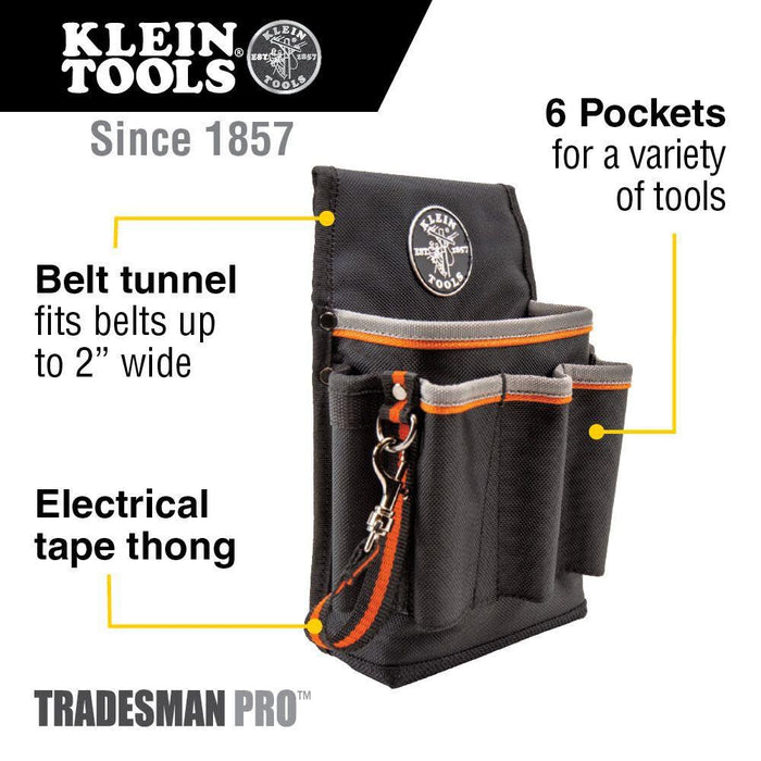 Klein Tools 5241 Tool Pouch, Tradesman Pro Tool Pouch with Electrical Tape Thong and Heavy Duty Reinforced Bottoms, 6-Pocket