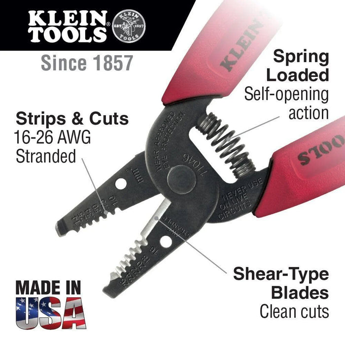 Klein Tools 11046 Wire Stripper, Wire Cutter for 16-26 AWG Stranded wire, Compact Nose with Precision-ground Stripping Holes, Made in USA