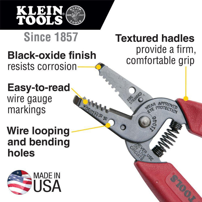 Klein Tools 11046 Wire Stripper, Wire Cutter for 16-26 AWG Stranded wire, Compact Nose with Precision-ground Stripping Holes, Made in USA